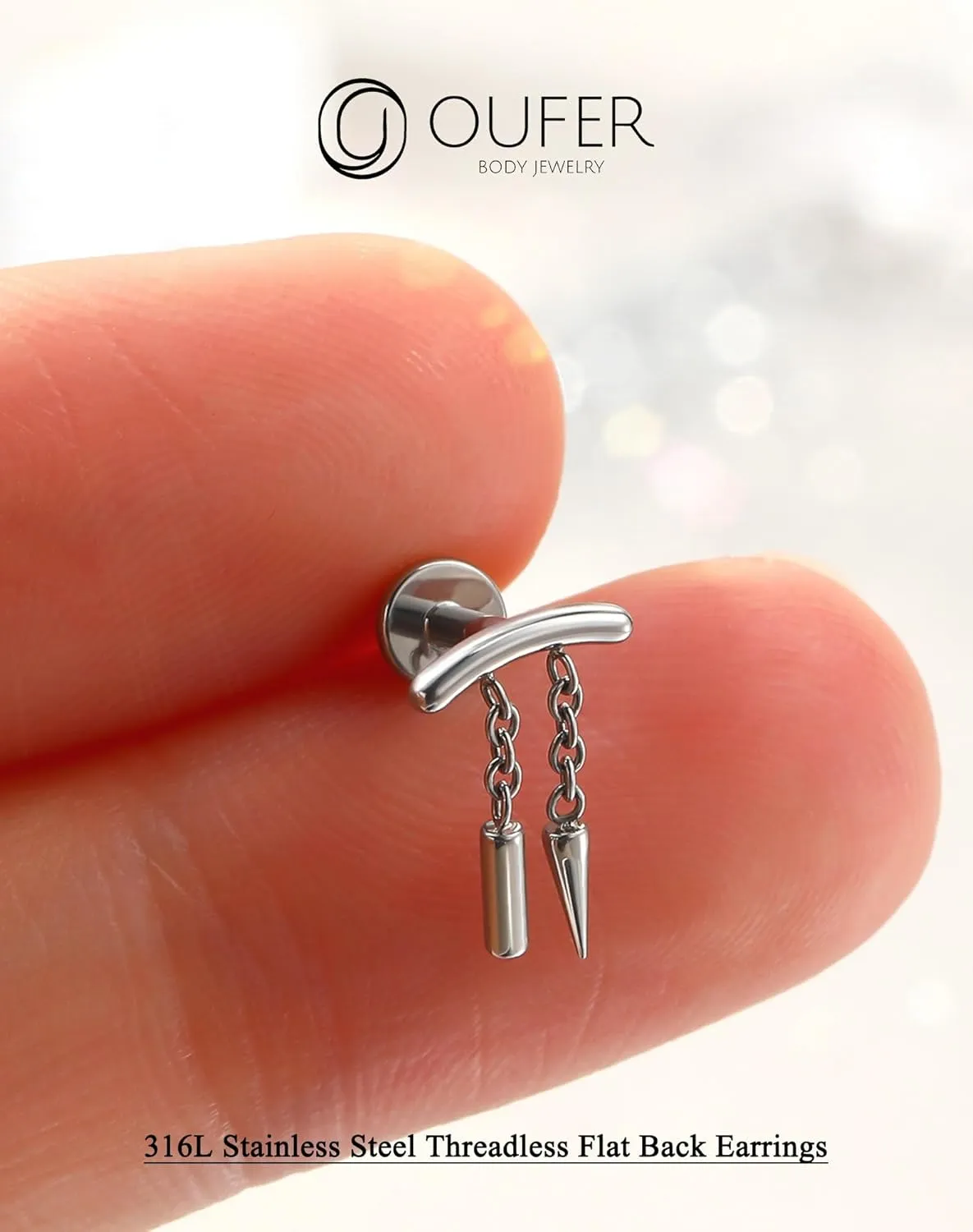OUFER Chain Helix Piercing Jewelry, Dangle 316L Stainless Steel 16G Threadless Flat Back Piercings Helix Cartilage Piercing Jewelry for Women Men
