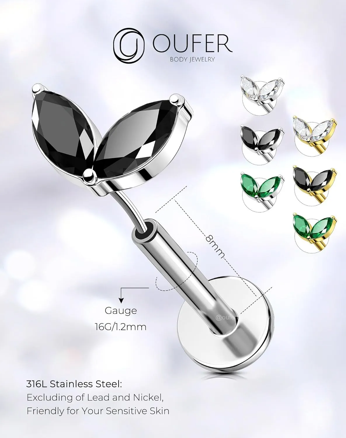 OUFER Colorful Floral Helix Piercing Jewelry, 16G Threadless Flat Back Piercings Helix Cartilage Tragus Conch Piercing Jewelry for Women Men