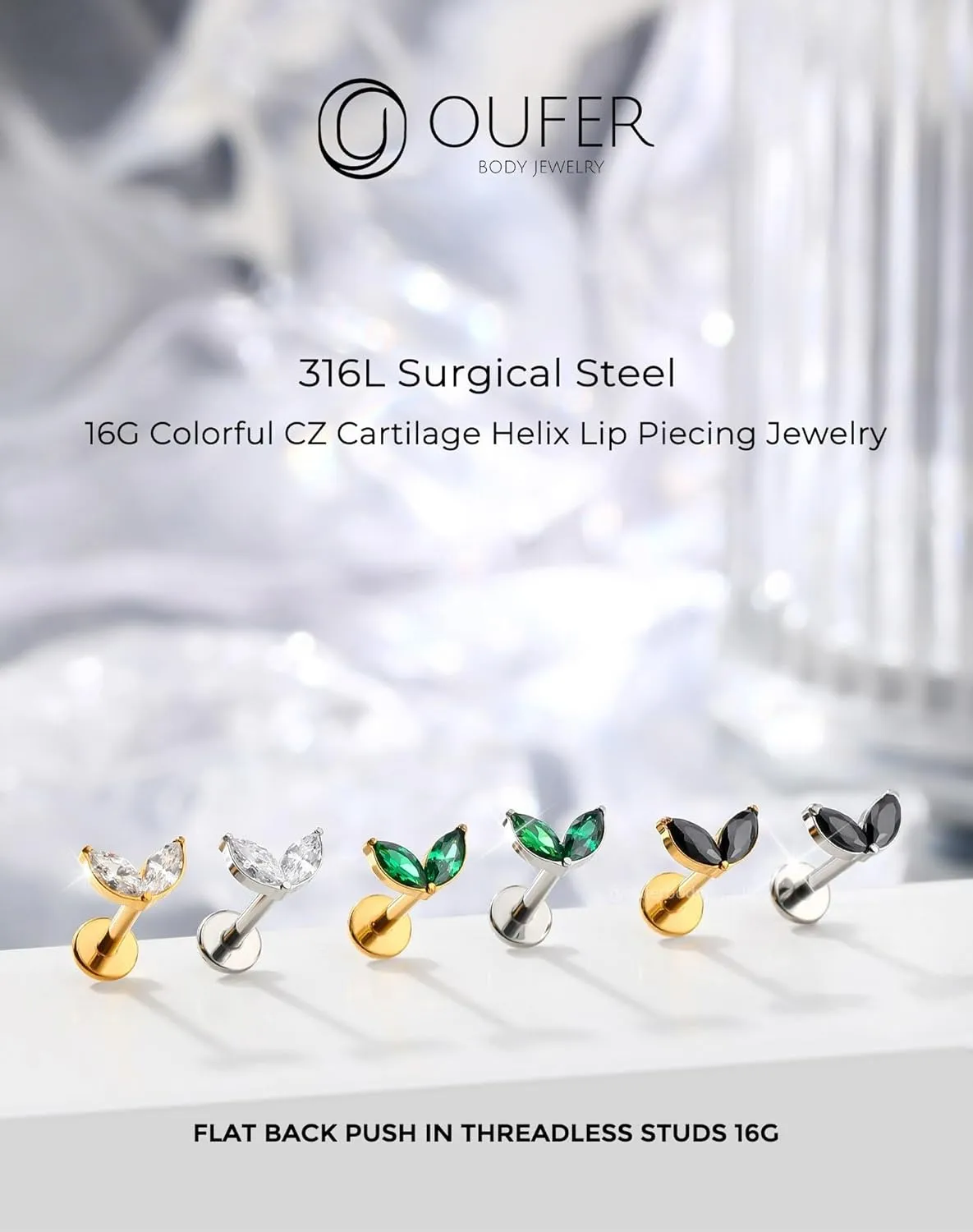 OUFER Colorful Floral Helix Piercing Jewelry, 16G Threadless Flat Back Piercings Helix Cartilage Tragus Conch Piercing Jewelry for Women Men