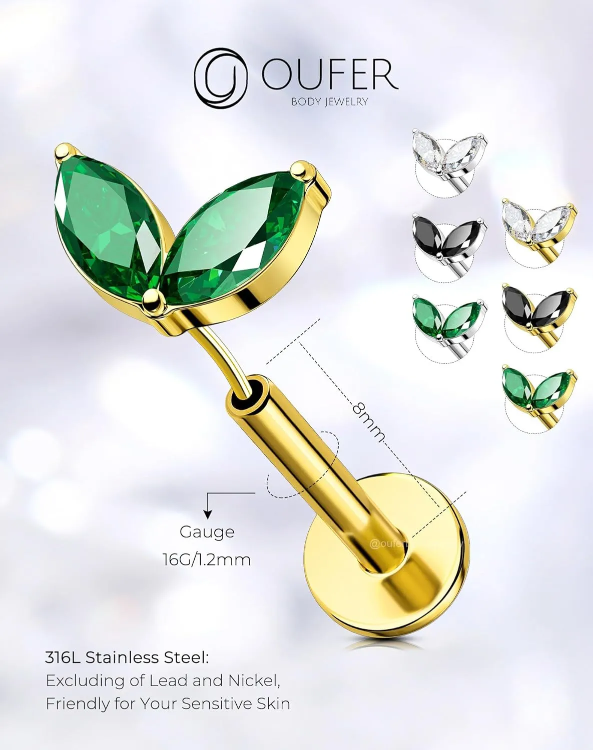 OUFER Colorful Floral Helix Piercing Jewelry, 16G Threadless Flat Back Piercings Helix Cartilage Tragus Conch Piercing Jewelry for Women Men