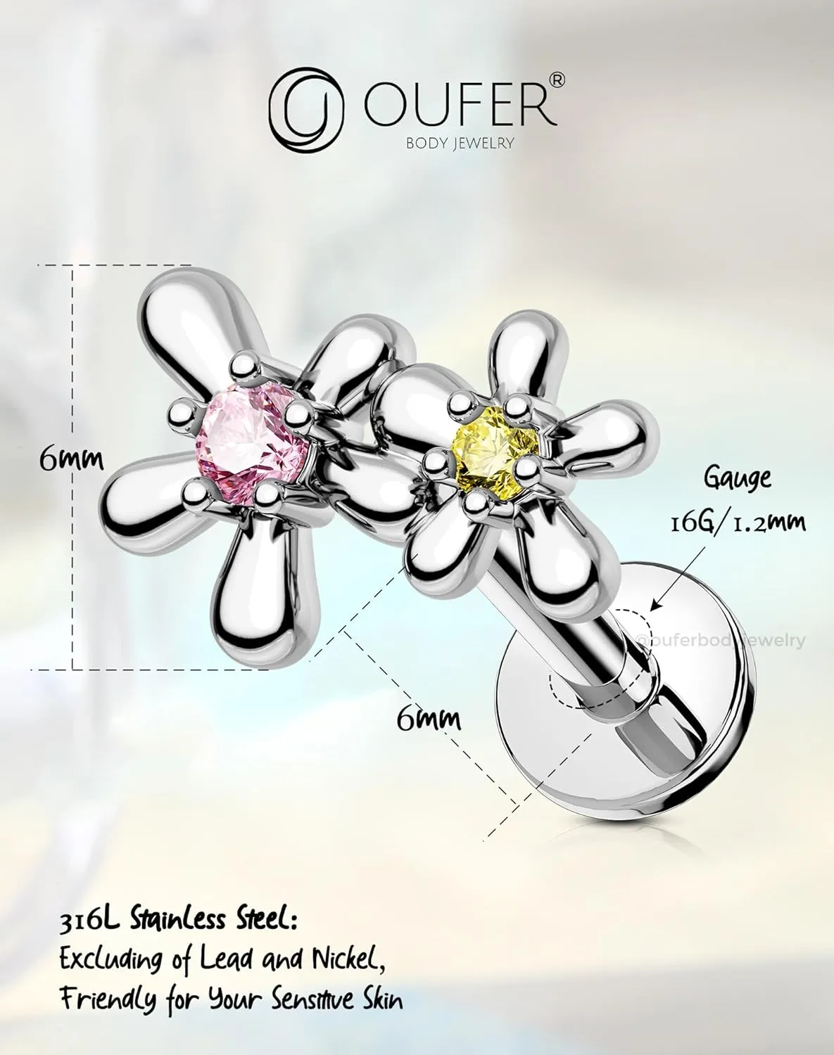 OUFER Cute Floral Cartilage Piercing, 16G Internally Threaded Flat Back Piercings Silver Helix Cartilage Tragus Piercing Jewelry