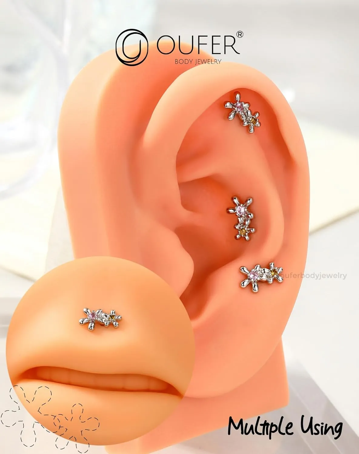 OUFER Cute Floral Cartilage Piercing, 16G Internally Threaded Flat Back Piercings Silver Helix Cartilage Tragus Piercing Jewelry