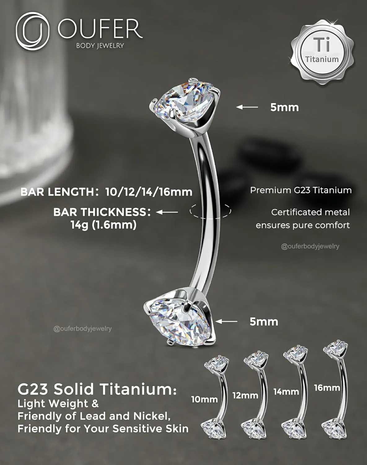 OUFER G23 Solid Titanium Belly Button Rings, 14G Curved Barbells Belly Rings For Women, Clear CZ Interal Thread Navel Piercing Jewelry