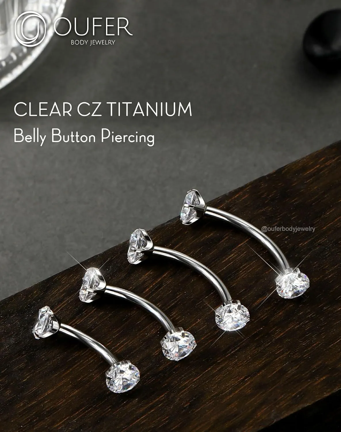 OUFER G23 Solid Titanium Belly Button Rings, 14G Curved Barbells Belly Rings For Women, Clear CZ Interal Thread Navel Piercing Jewelry