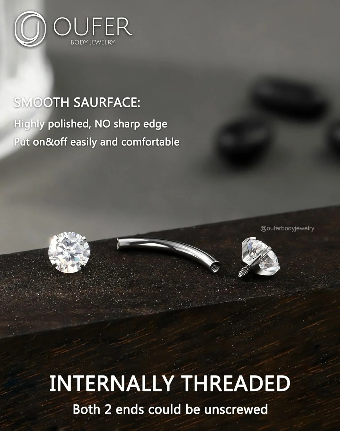 OUFER G23 Solid Titanium Belly Button Rings, 14G Curved Barbells Belly Rings For Women, Clear CZ Interal Thread Navel Piercing Jewelry