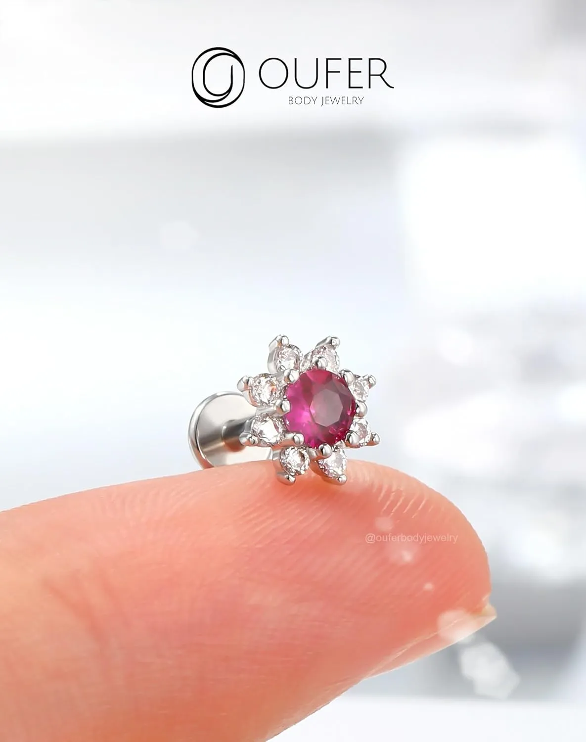 OUFER Stainless Steel 16G Helix Tragus Earrings - Flat Back, Internally Threaded Floral Ruby CZ Helix Cartilage Tragus Lip Labret Piercing Jewelry for Women Men - Ruby 6MM