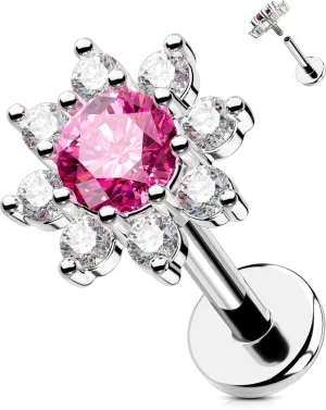 OUFER Stainless Steel 16G Helix Tragus Earrings - Flat Back, Internally Threaded Floral Ruby CZ Helix Cartilage Tragus Lip Labret Piercing Jewelry for Women Men - Ruby 6MM
