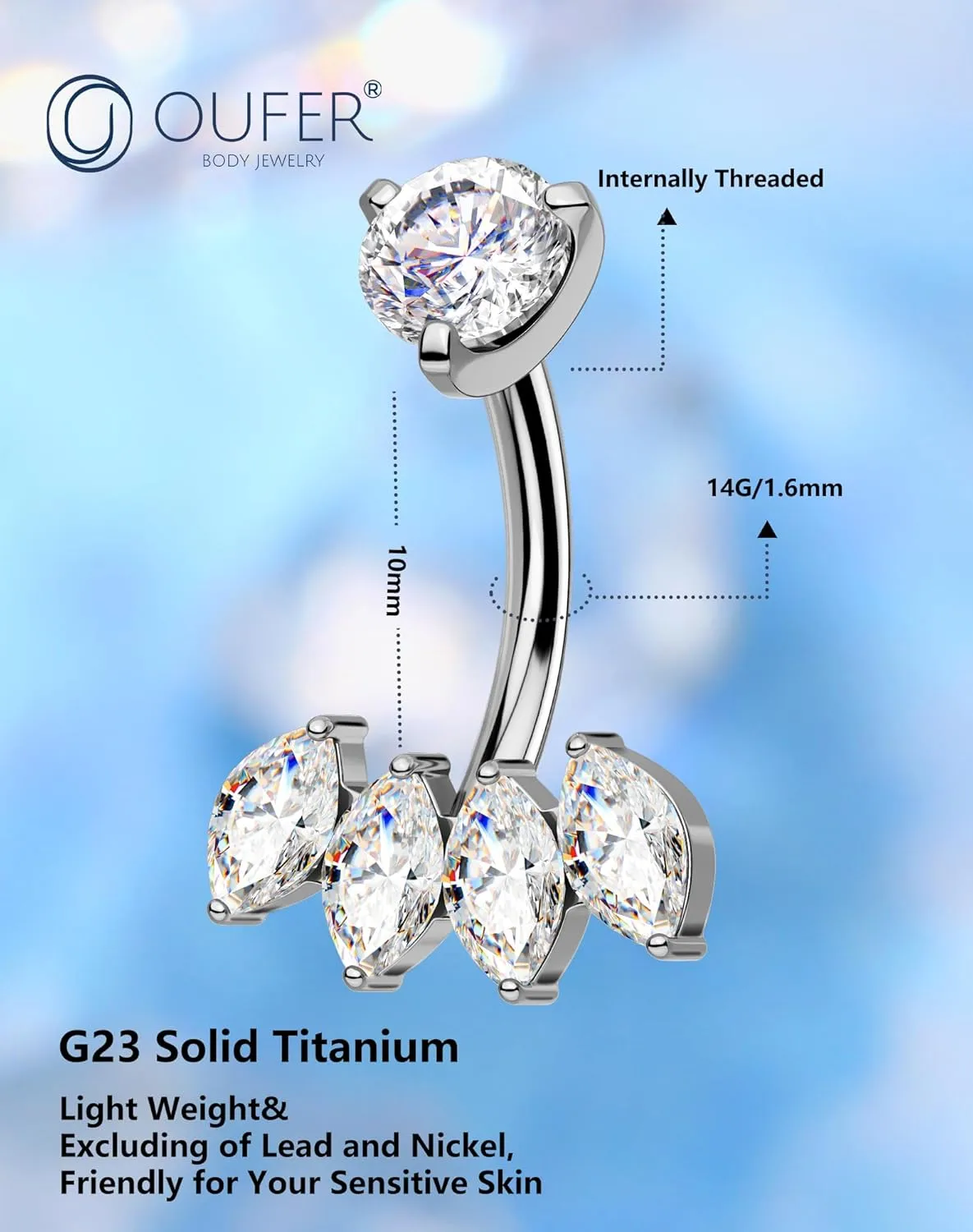 OUFER Titanium Belly Button Rings, Clear CZ Belly Rings for Women, Internally Threaded Belly Button Piercings, Silver Navel Piercing Jewelry, Belly Piercing Jewelry, Navel Rings Barbells-10mm