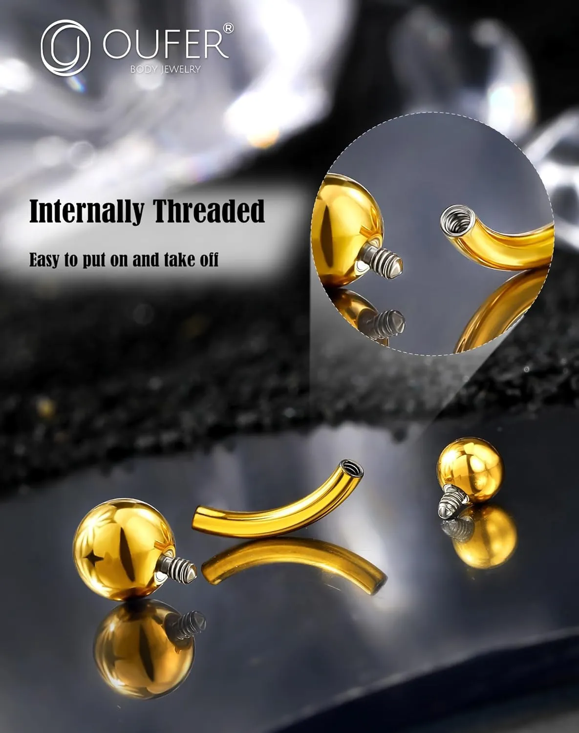 OUFER Titanium Belly Button Rings, Gold Belly Rings, Internally Threaded Navel Piercing Jewelry, Long Belly Piercing Jewelry, Curved Barbell, Belly Rings For Women Men