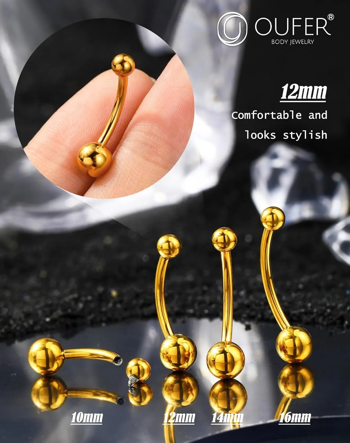 OUFER Titanium Belly Button Rings, Gold Belly Rings, Internally Threaded Navel Piercing Jewelry, Long Belly Piercing Jewelry, Curved Barbell, Belly Rings For Women Men