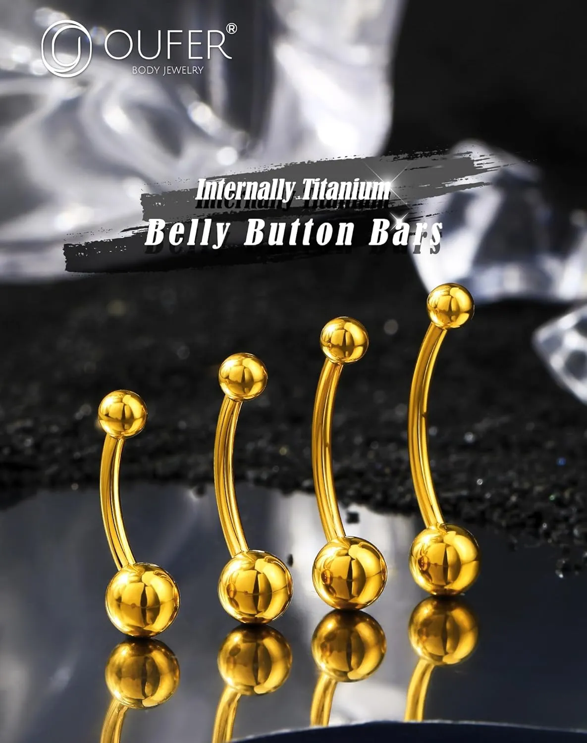 OUFER Titanium Belly Button Rings, Gold Belly Rings, Internally Threaded Navel Piercing Jewelry, Long Belly Piercing Jewelry, Curved Barbell, Belly Rings For Women Men