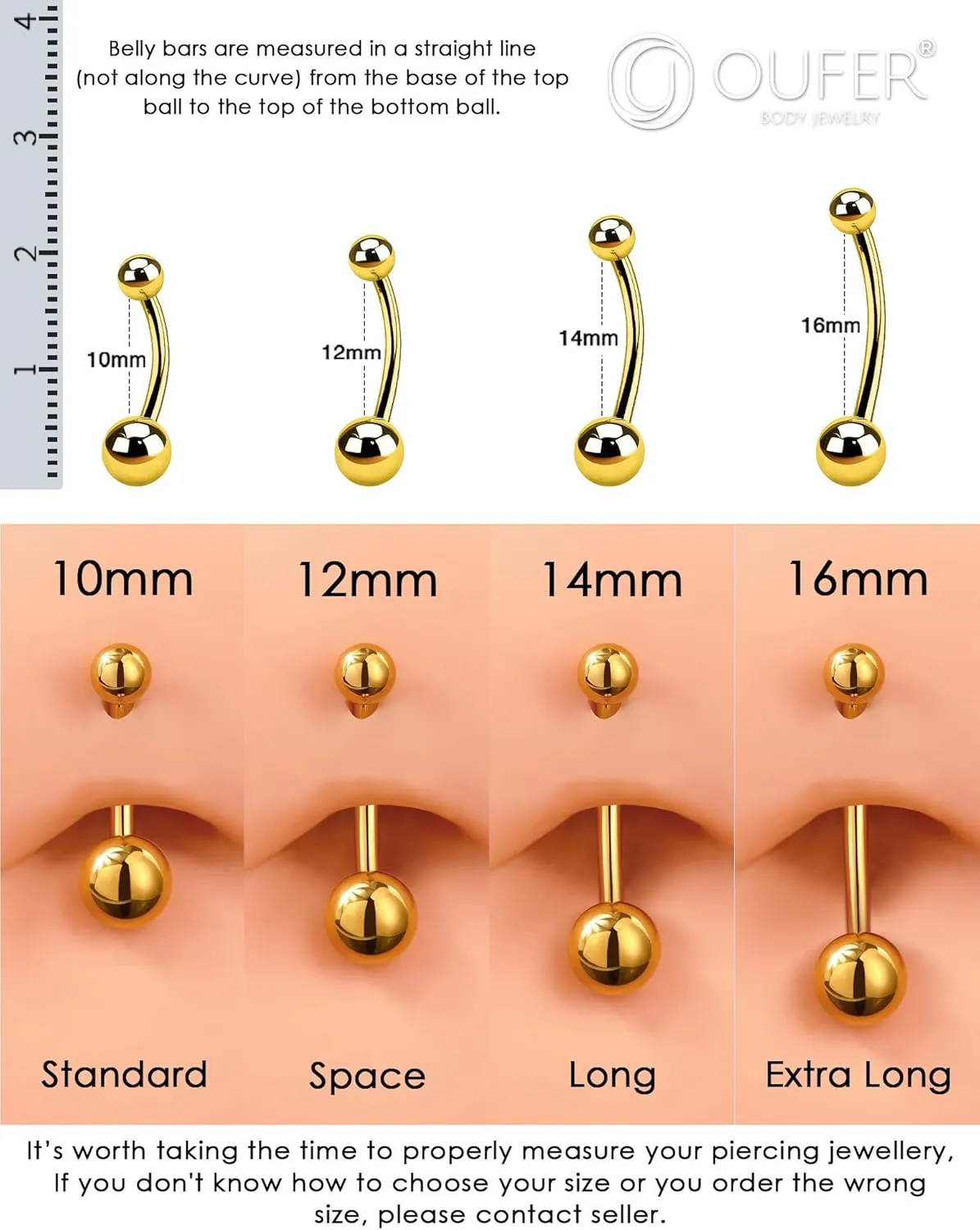 OUFER Titanium Belly Button Rings, Gold Belly Rings, Internally Threaded Navel Piercing Jewelry, Long Belly Piercing Jewelry, Curved Barbell, Belly Rings For Women Men