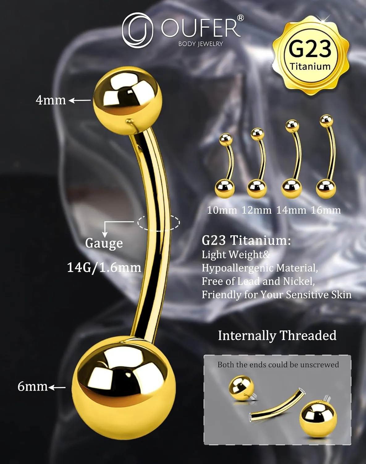 OUFER Titanium Belly Button Rings, Gold Belly Rings, Internally Threaded Navel Piercing Jewelry, Long Belly Piercing Jewelry, Curved Barbell, Belly Rings For Women Men
