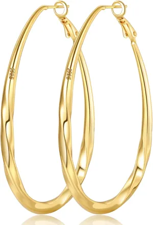 PABBEU Sterling Silver Hoop Earrings, Oval, Hypoallergenic, Trendy 14K Gold Plated