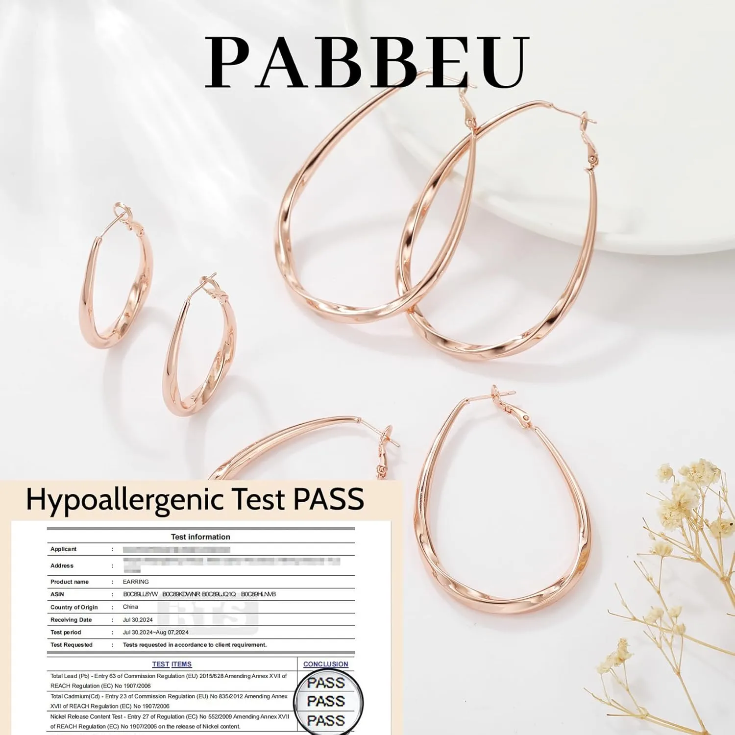 PABBEU Sterling Silver Hoop Earrings, Oval, Hypoallergenic, Trendy 14K Gold Plated