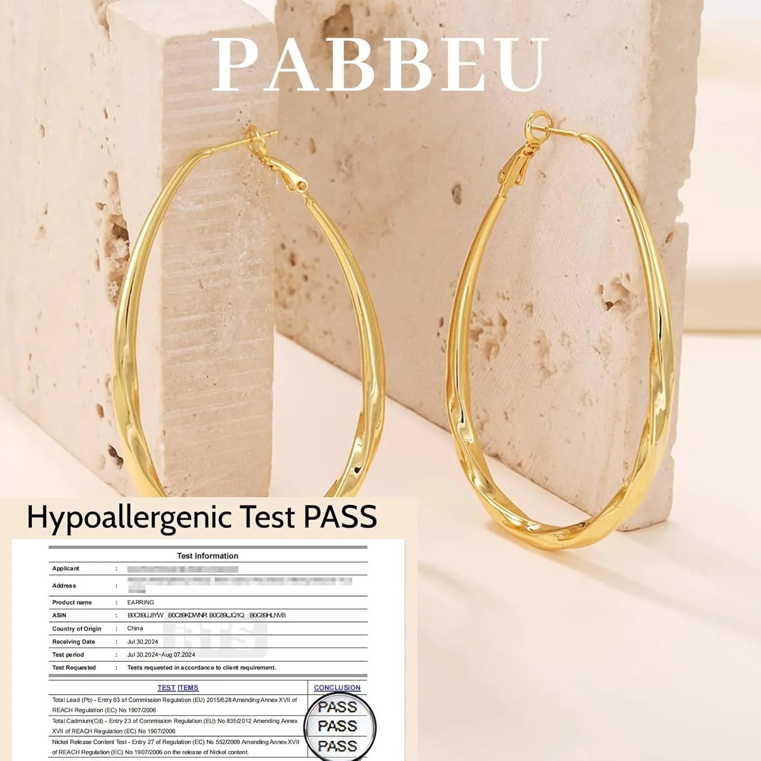 PABBEU Sterling Silver Hoop Earrings, Oval, Hypoallergenic, Trendy 14K Gold Plated