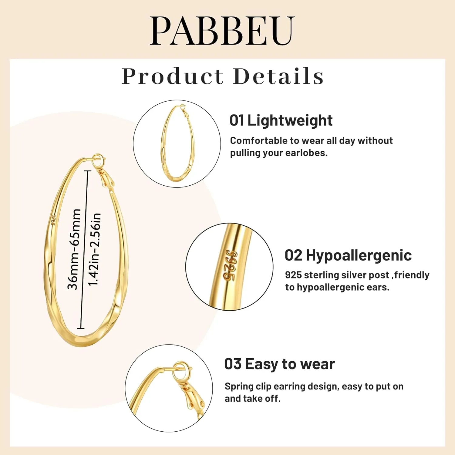 PABBEU Sterling Silver Hoop Earrings, Oval, Hypoallergenic, Trendy 14K Gold Plated