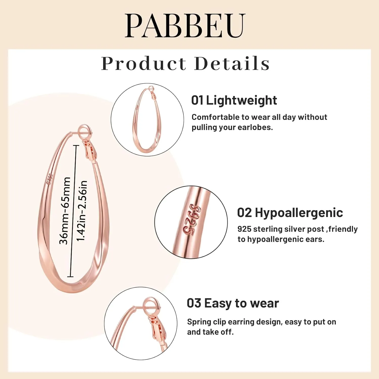 PABBEU Sterling Silver Hoop Earrings, Oval, Hypoallergenic, Trendy 14K Gold Plated