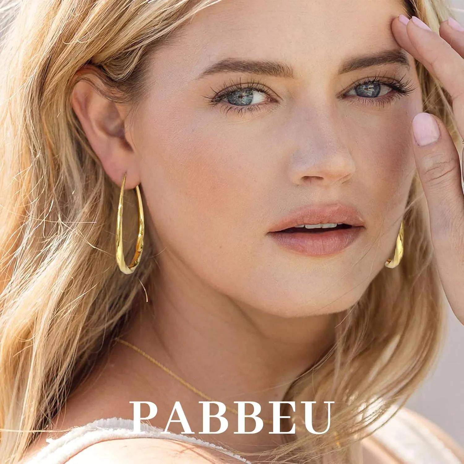 PABBEU Sterling Silver Hoop Earrings, Oval, Hypoallergenic, Trendy 14K Gold Plated