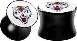Pair of Black Acrylic Double Flared Saddle Piercing Jewelry Ear Stretcher Fierce Wolf Logo Flesh Plugs Earring Lobe