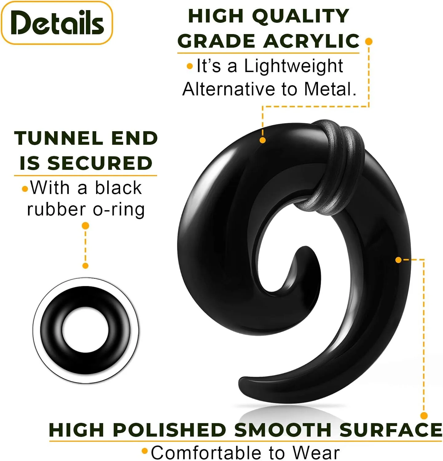 Pair of Black Acrylic Solid Spiral Coil Taper O-rings Piercing Jewelry Ear Plug Stretching Expander Earring