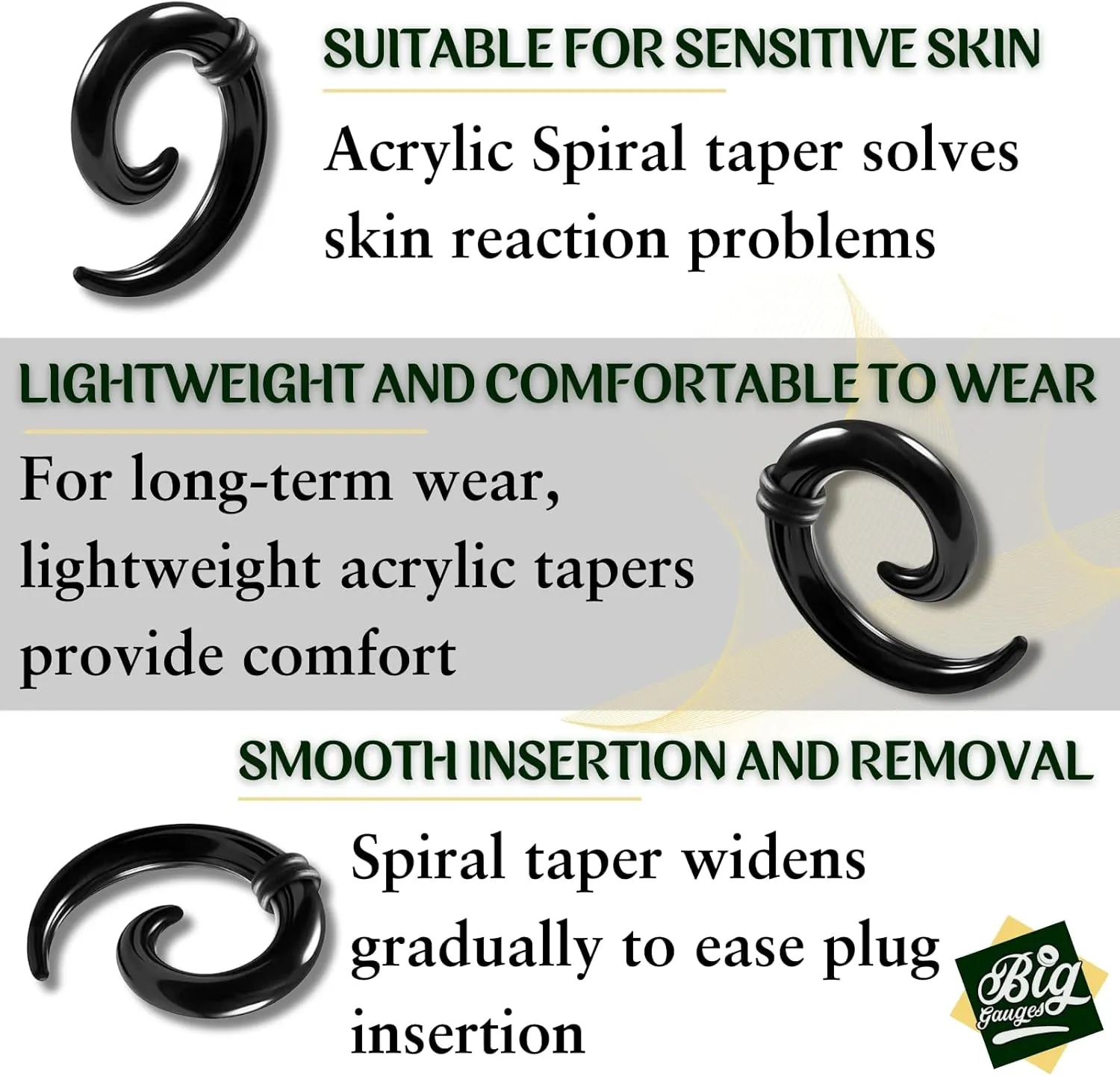 Pair of Black Acrylic Solid Spiral Coil Taper O-rings Piercing Jewelry Ear Plug Stretching Expander Earring