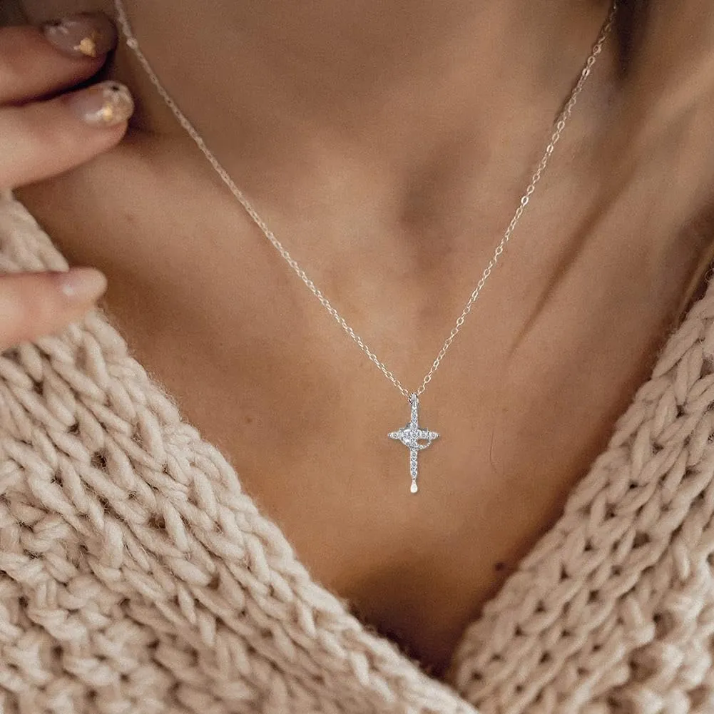 Paved Cross Rotated Crown Necklace,Diamond Cross Necklace,Christian Cross Rotated Crown Necklace,Rotatable Crown Cross Pendant Necklace,Faith Cross First Communion Necklace for Women Jewelry