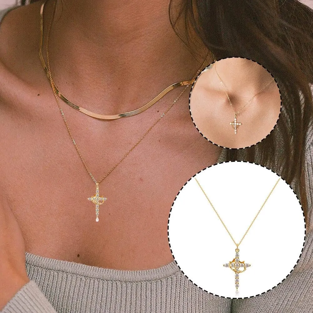 Paved Cross Rotated Crown Necklace,Diamond Cross Necklace,Christian Cross Rotated Crown Necklace,Rotatable Crown Cross Pendant Necklace,Faith Cross First Communion Necklace for Women Jewelry