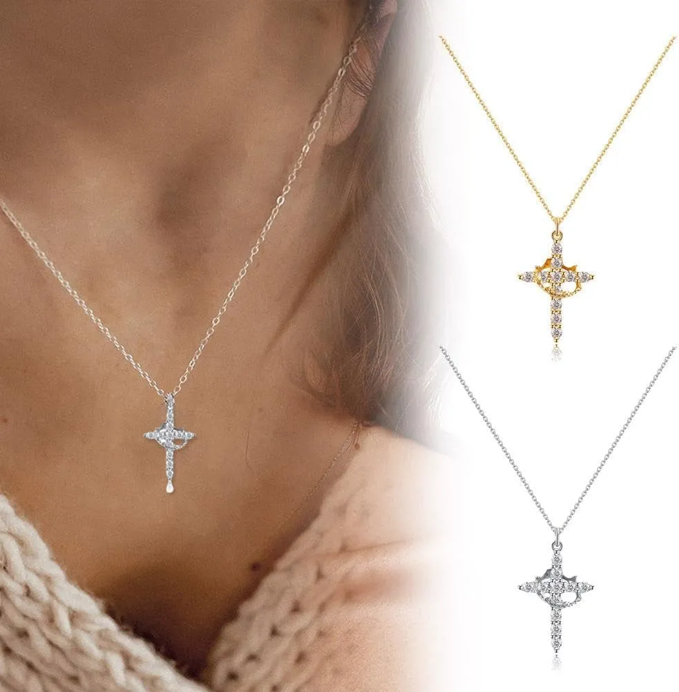 Paved Cross Rotated Crown Necklace,Diamond Cross Necklace,Christian Cross Rotated Crown Necklace,Rotatable Crown Cross Pendant Necklace,Faith Cross First Communion Necklace for Women Jewelry