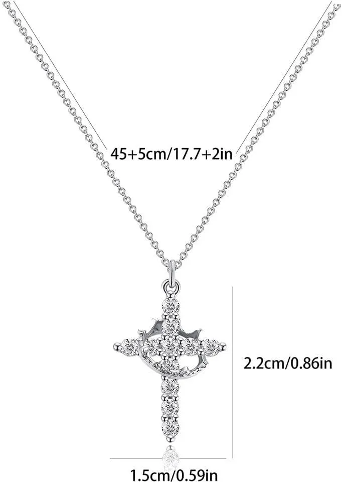 Paved Cross Rotated Crown Necklace,Diamond Cross Necklace,Christian Cross Rotated Crown Necklace,Rotatable Crown Cross Pendant Necklace,Faith Cross First Communion Necklace for Women Jewelry