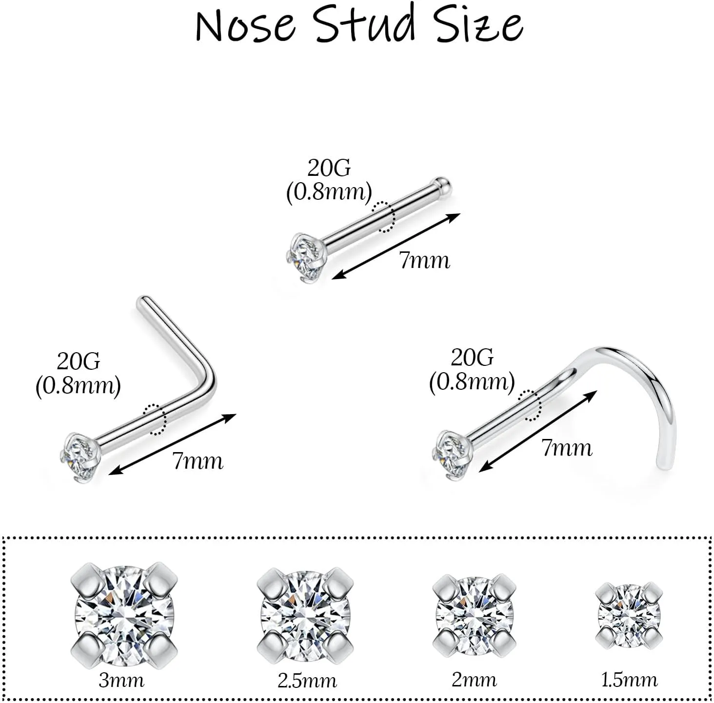 PEAKLINK 20G Nose Studs 6PCS Sleeper Earrings G23 Titanium Nose Rings Nose Piercing Jewelry Nostril Ring Titanium Tragus Cartilage Studs Monroe Medusa Studs Helix Conch Studs with CZ 1.5/2/2.5/3mm