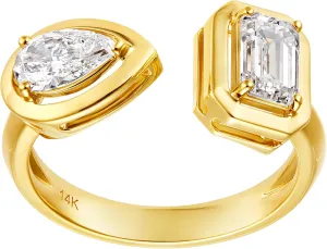 Pear and Emerald Cut Lab-Grown Diamond Ring in 14k Yellow Gold  1.17 Carat F Color VS Clarity  Unique Womens Fine Jewelry Gift  Modern Statement Engagement or Right-Hand Ring, IGI Certified