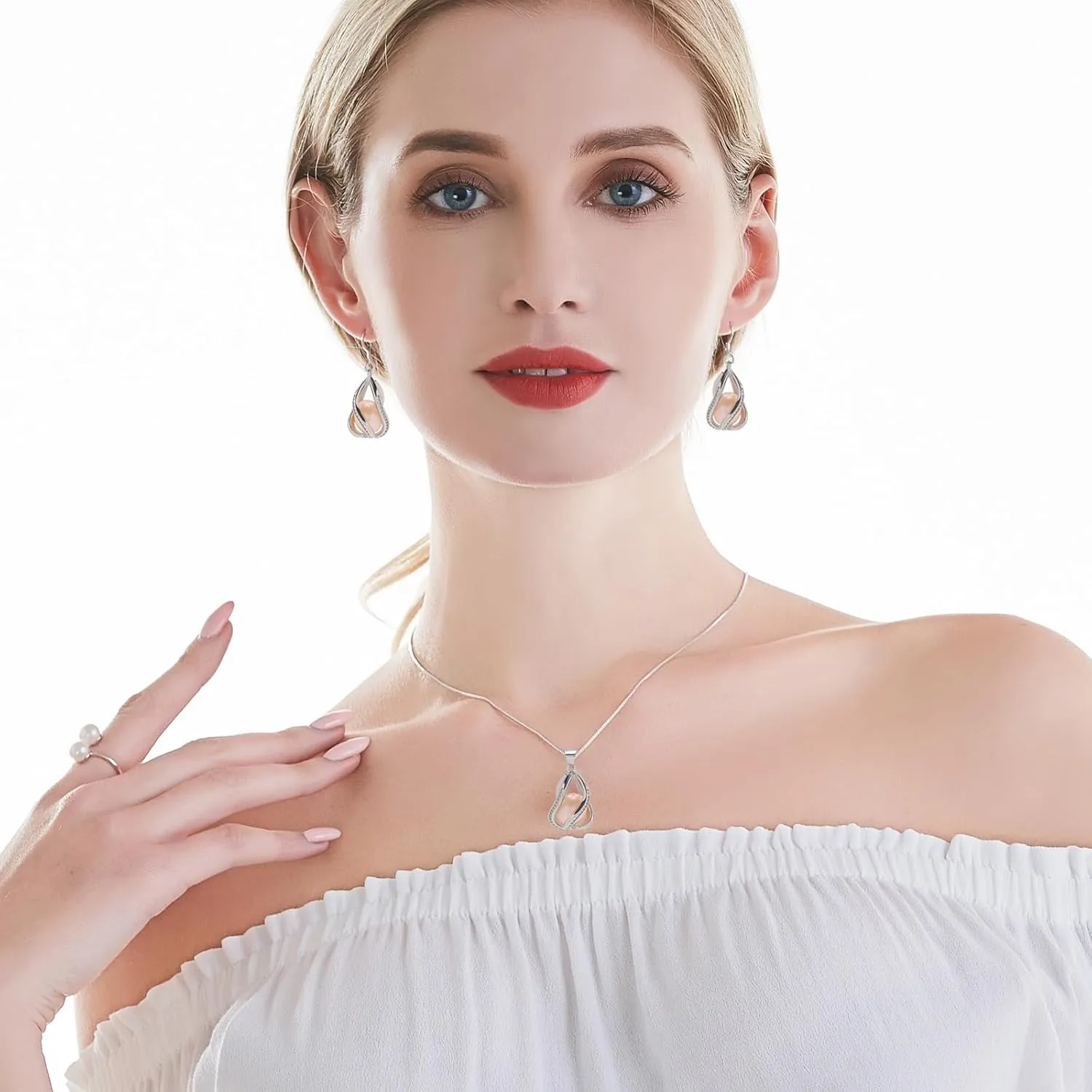 Pearl Jewelry Set For Women S925 Sterling Silver/14K Gold Plated Necklace & Earrings Set Freshwater Pearl Pendant Cage Set for Wedding Anniversary Prom Birthday Gift