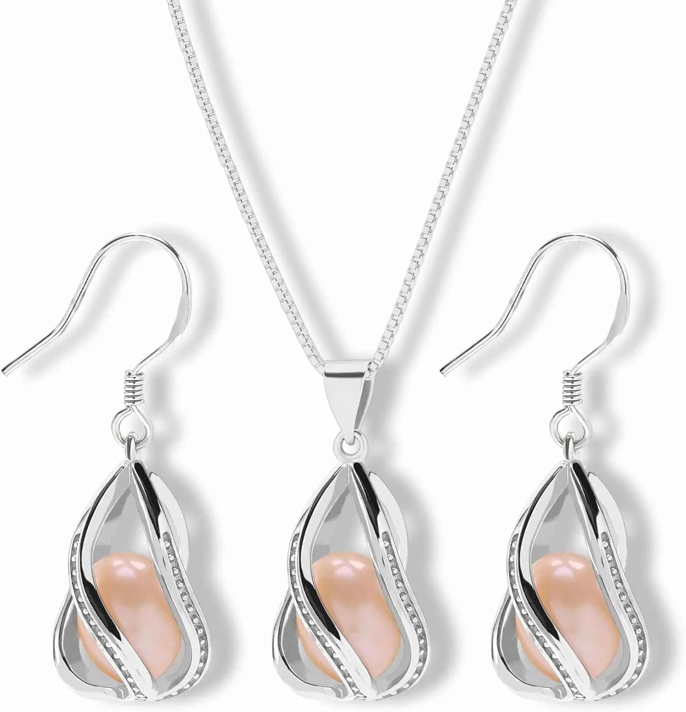 Pearl Jewelry Set For Women S925 Sterling Silver/14K Gold Plated Necklace & Earrings Set Freshwater Pearl Pendant Cage Set for Wedding Anniversary Prom Birthday Gift