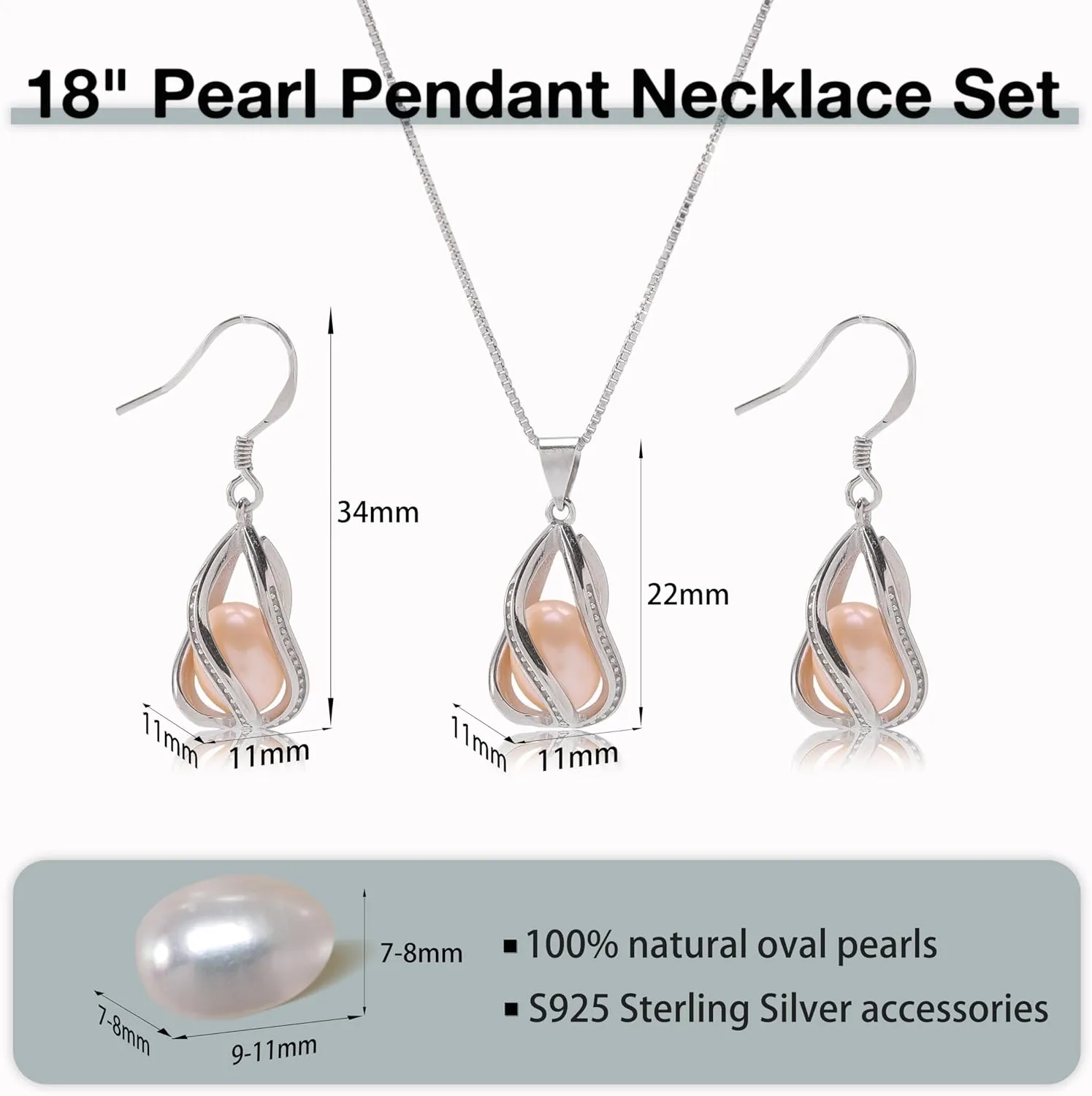 Pearl Jewelry Set For Women S925 Sterling Silver/14K Gold Plated Necklace & Earrings Set Freshwater Pearl Pendant Cage Set for Wedding Anniversary Prom Birthday Gift
