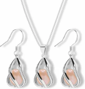 Pearl Jewelry Set For Women S925 Sterling Silver/14K Gold Plated Necklace & Earrings Set Freshwater Pearl Pendant Cage Set for Wedding Anniversary Prom Birthday Gift