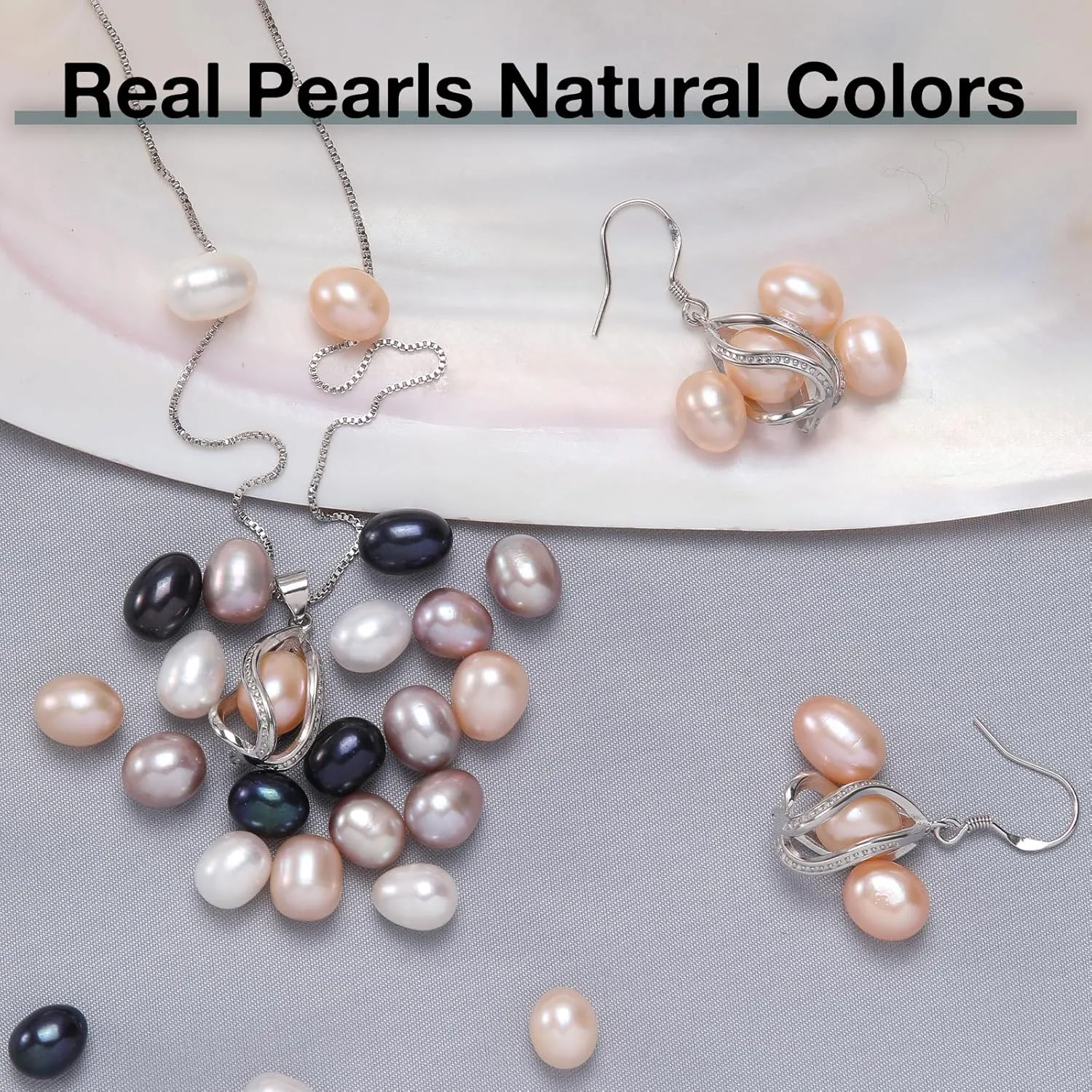 Pearl Jewelry Set For Women S925 Sterling Silver/14K Gold Plated Necklace & Earrings Set Freshwater Pearl Pendant Cage Set for Wedding Anniversary Prom Birthday Gift