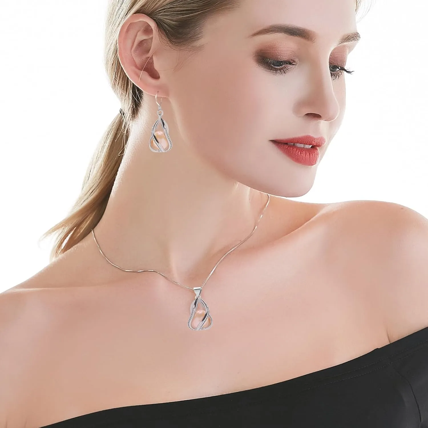Pearl Jewelry Set For Women S925 Sterling Silver/14K Gold Plated Necklace & Earrings Set Freshwater Pearl Pendant Cage Set for Wedding Anniversary Prom Birthday Gift