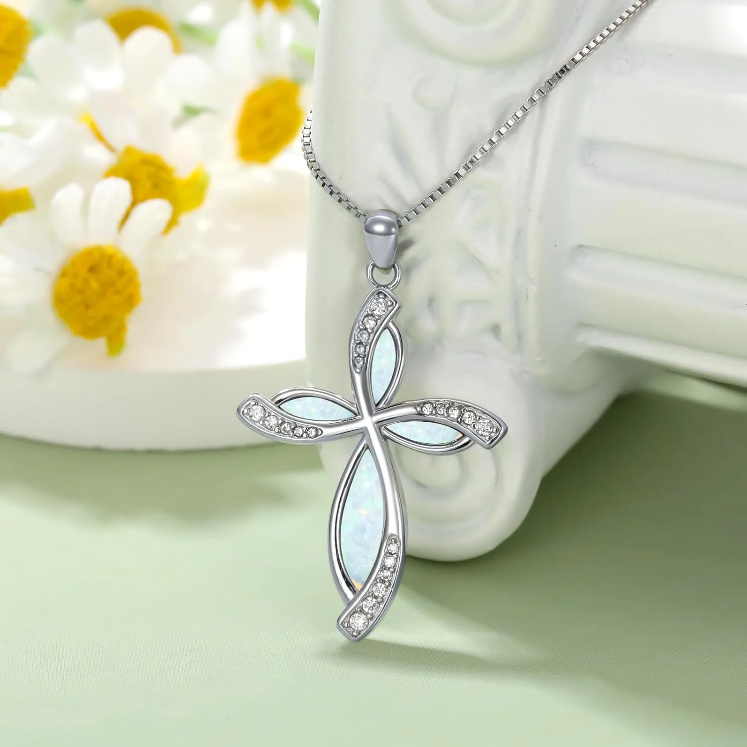 PEIMKO Blue/White Opal Cross Necklace for Women 925 Sterling Silver 5A CZ Pendant Necklaces Gifts for Mother's Day, Birthday or Anniversary