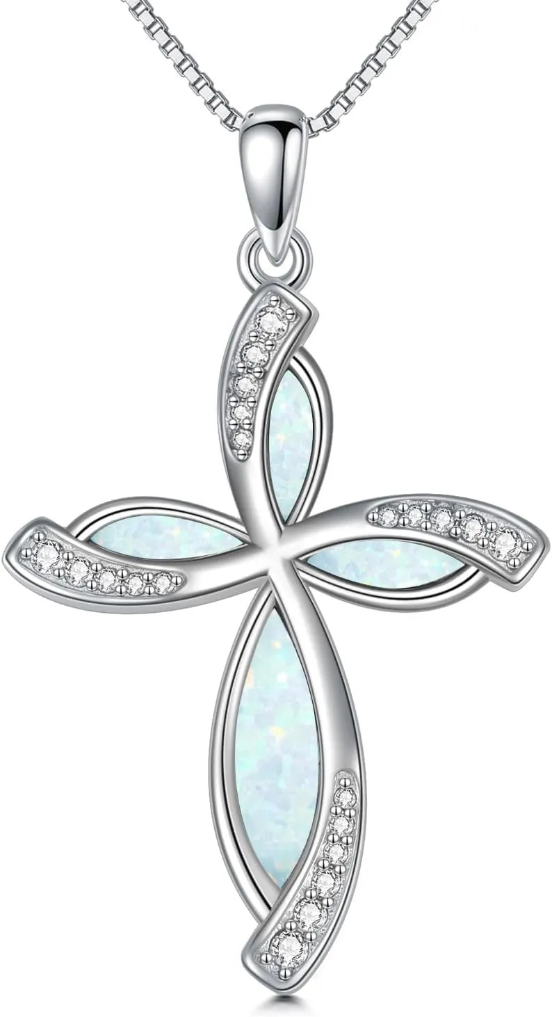 PEIMKO Blue/White Opal Cross Necklace for Women 925 Sterling Silver 5A CZ Pendant Necklaces Gifts for Mother's Day, Birthday or Anniversary