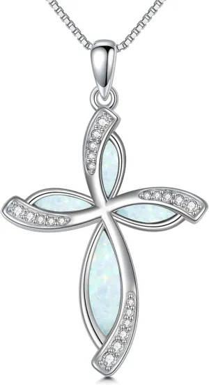 PEIMKO Blue/White Opal Cross Necklace for Women 925 Sterling Silver 5A CZ Pendant Necklaces Gifts for Mother's Day, Birthday or Anniversary