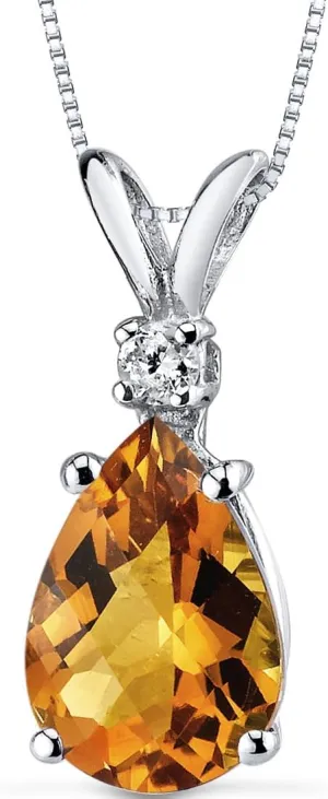 PEORA 14K White Gold 1.60 Carats Natural Citrine and Diamond Pendant, Elegant Teardrop Solitaire, AAA Grade Pear Shape 10x7mm, November Birthstone Citrine Necklace, Real Citrine Necklace