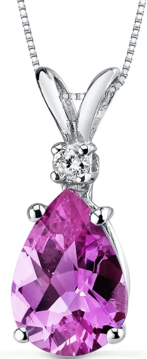 PEORA 14K White Gold Created Pink Sapphire and Genuine Diamond Pendant, Elegant Teardrop Solitaire, Pear Shape, 10x7mm, 2.50 Carats total, September Birthstone Necklace, Sparkling Sapphire Jewelry