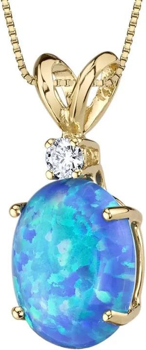 PEORA 14K Yellow Gold Created Blue Opal with Genuine Diamond Pendant, Elegant Solitaire, Oval Shape, 10x8mm, 1 Carat total, October Birthstone Necklace, Fire Opal Necklace, w/Jewelry Box