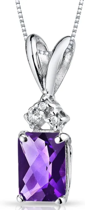 PEORA Amethyst with Genuine Diamond Pendant in 14 Karat White Gold, Elegant Solitaire, Radiant Cut, 7x5mm, Real Amethyst Necklace, February Birthstone Necklace, w/Jewelry Box