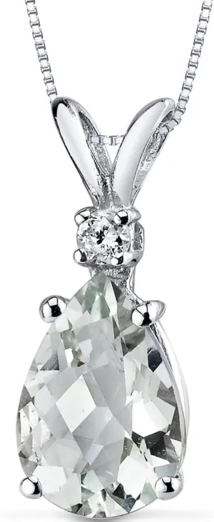 PEORA Green Amethyst with Genuine Diamond Pendant in 14K White Gold, Elegant Teardrop Solitaire, Pear Shape, 10x7mm, 1.70 Carats total, 100% Natural & Real, Sparkling Green Amethyst Necklace
