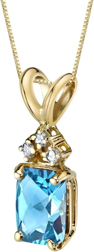 PEORA Swiss Blue Topaz with Genuine Diamond Pendant in 14 Karat Yellow Gold, Elegant Solitaire, Radiant Cut, 7x5mm, 1 Carat total, Blue Gemstone Necklace, December Birthstone Gold Necklace