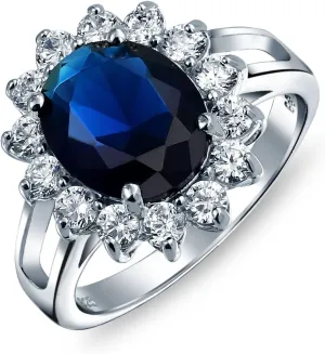 Personalize Vintage Style 5-7 Karat Crown Halo Oval Cubic Zirconia Simulated CZ Yellow Royal Blue Sapphire Engagement Ring .925 Sterling Silver Customizable
