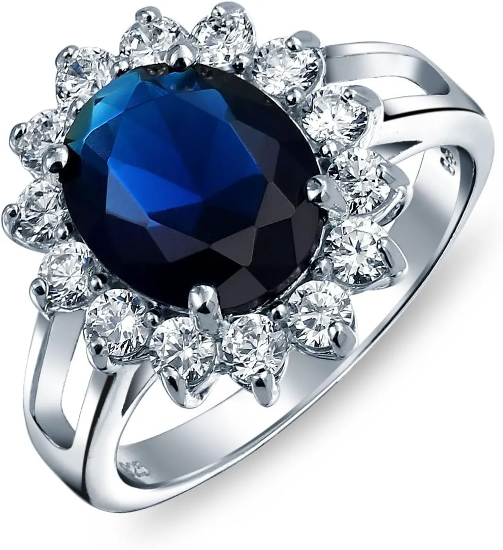Personalize Vintage Style 5-7 Karat Crown Halo Oval Cubic Zirconia Simulated CZ Yellow Royal Blue Sapphire Engagement Ring .925 Sterling Silver Customizable