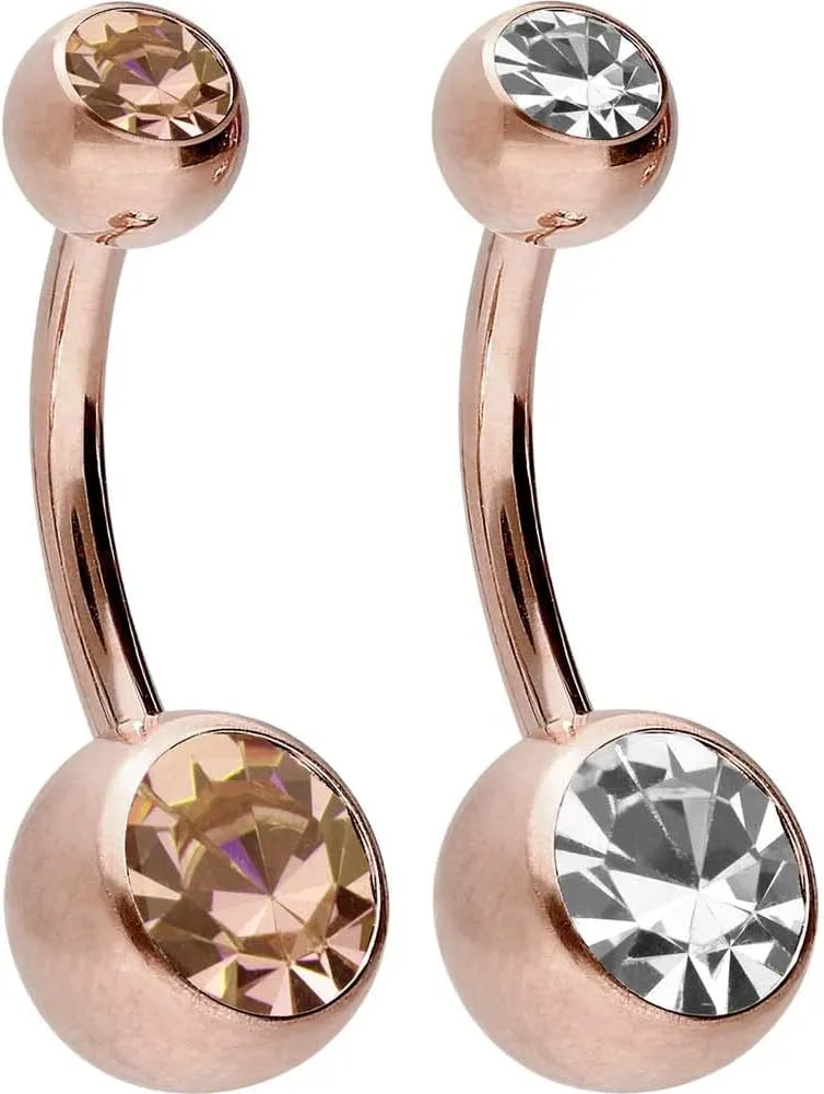 PIERCINGLINE belly button ring surgical steel with 2 clear crystals - navel piercing jewelry in 4 stylish colors (black, gold, rose gold ans silver) and 3 sizes